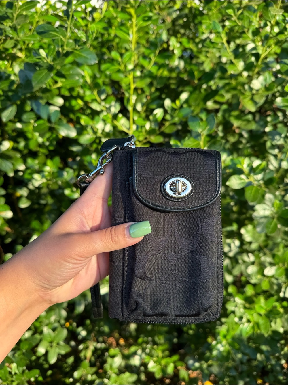 Coach Black Compact Phone Wristlet Wallet with Turn-Lock Closure